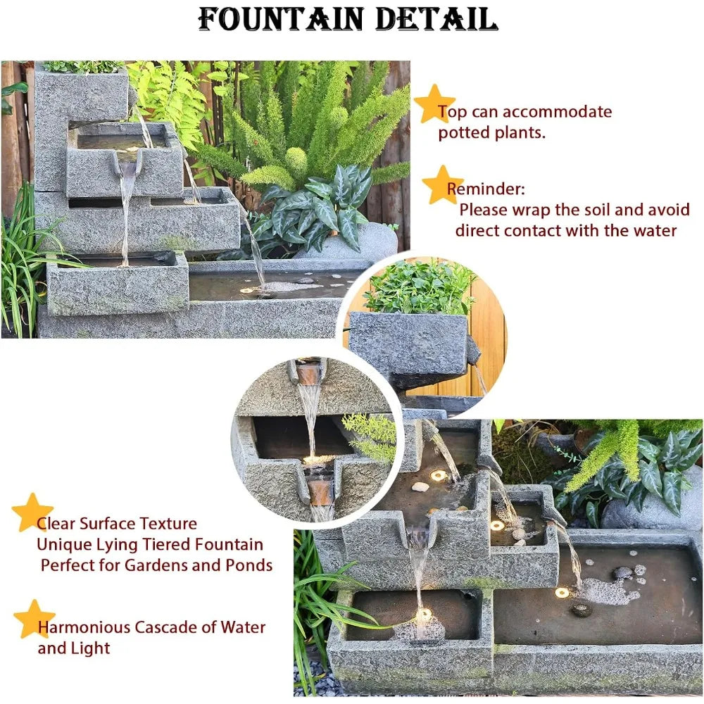 Tiered Waterfall Fountain Outdoor Garden - Concrete Artistry Modern Style with LED Lights