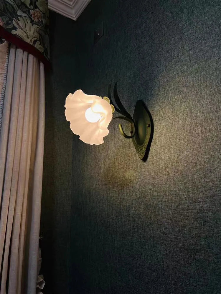 French Flower Wall Light Sconce - Moves Up & Down - Iron Base & Frosted Glass - Indoor Decoration