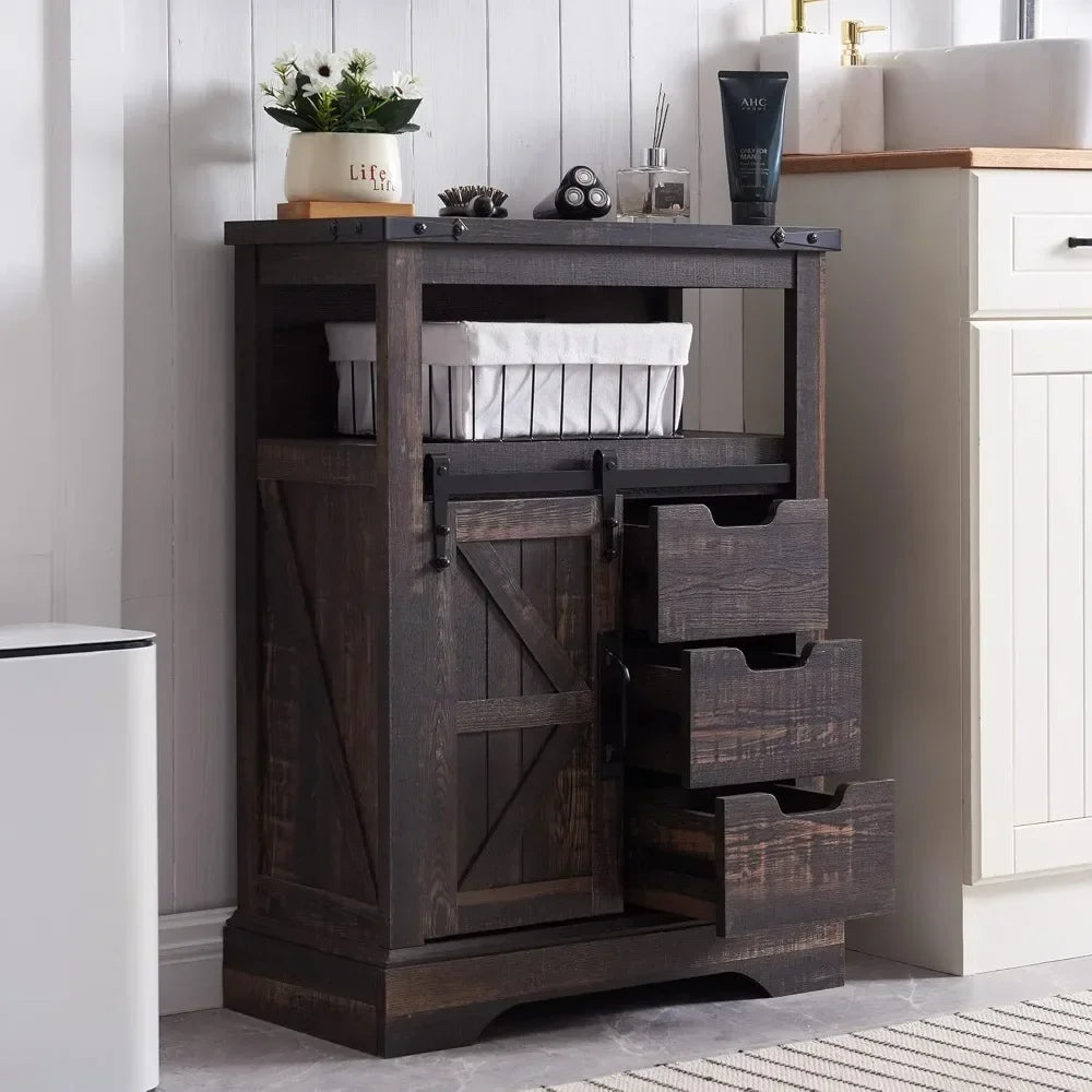 Bathroom Floor Cabinet - Storage Cabinet with Sliding Barn Door & Storage Drawers - Small Storage Cabinet for Office