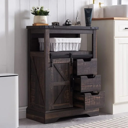 Bathroom Floor Cabinet - Storage Cabinet with Sliding Barn Door & Storage Drawers - Small Storage Cabinet for Office