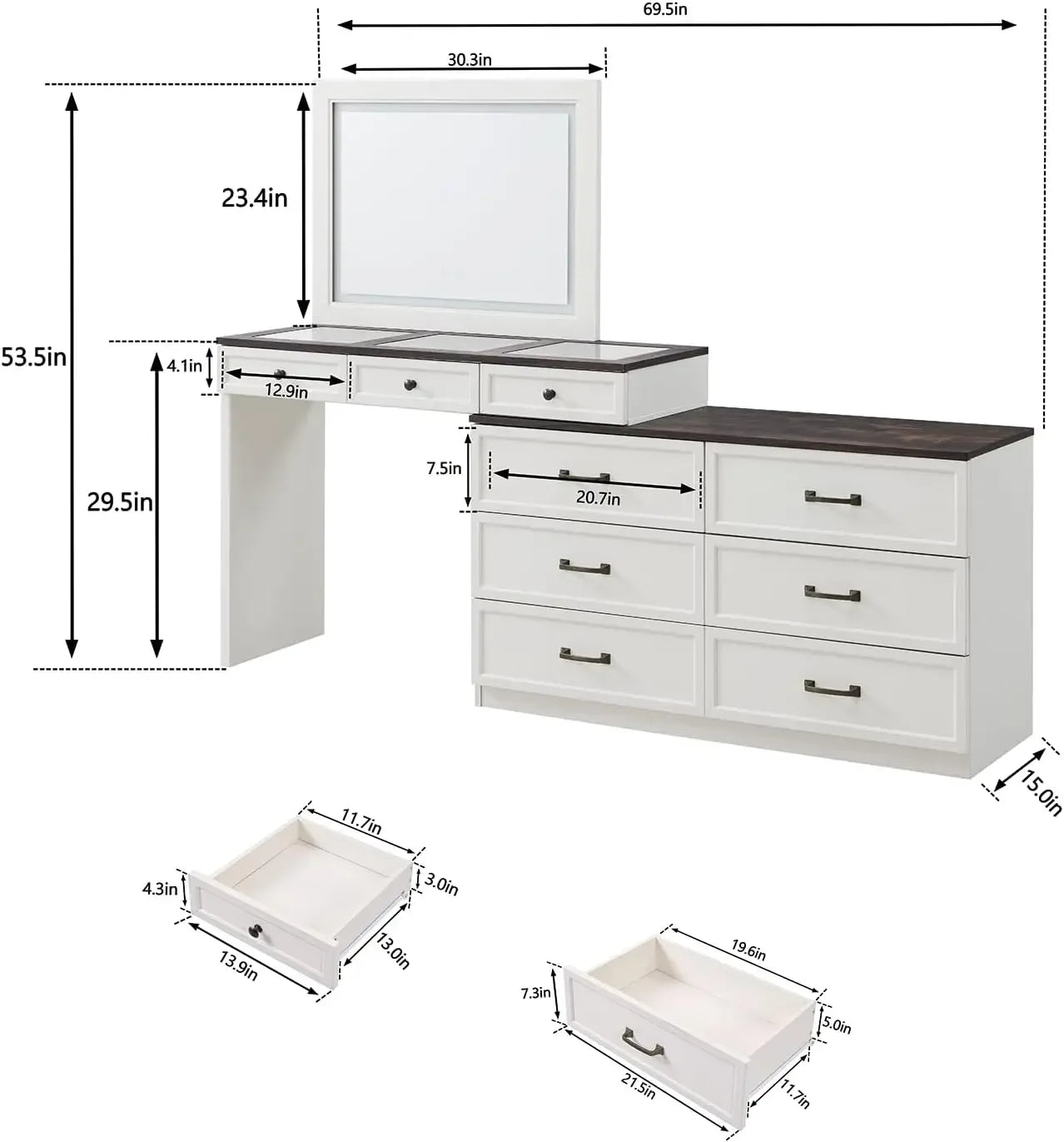 69" W Big Vanity Desk with Glass Top - Makeup Table with 9 Large Storage Drawers - w/3 Color Available Light - White