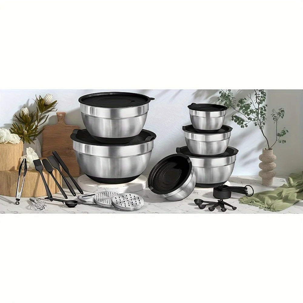 17 Piece Stainless Steel Mixing Bowls With Lids - Grater Attachment - Non-Slip Kitchen Gadget Set - Mixing And Serving