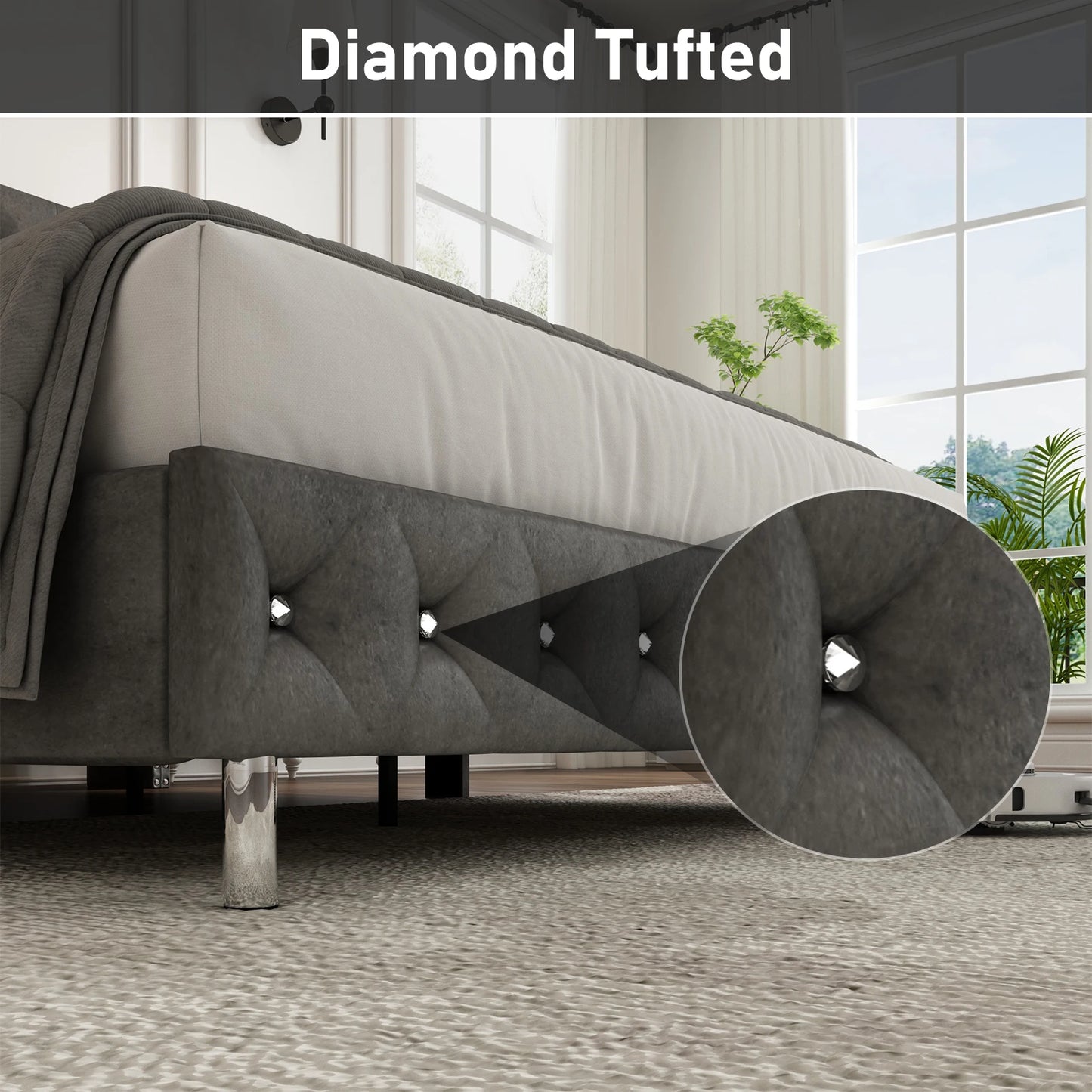 Bed Frame w/ A Wingback Headboard - LED Lights & Charging Station - Modern Upholstered Platform with Diamond Button Tuff