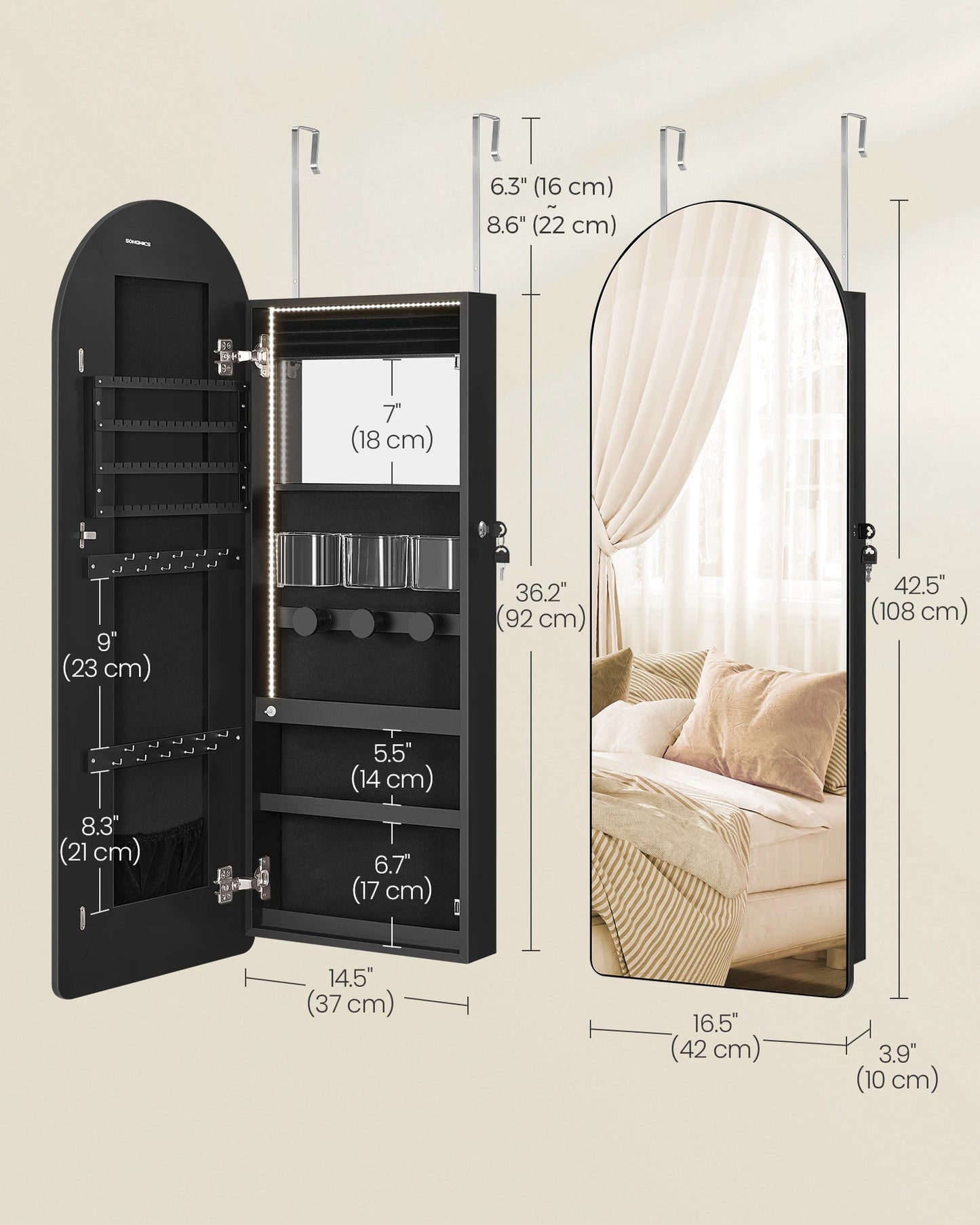 Wide Jewelry Organizer - LED Jewelry Cabinet Wall/Door Mounted - Arched Mirror with Storage - Lockable - Rounded Corner