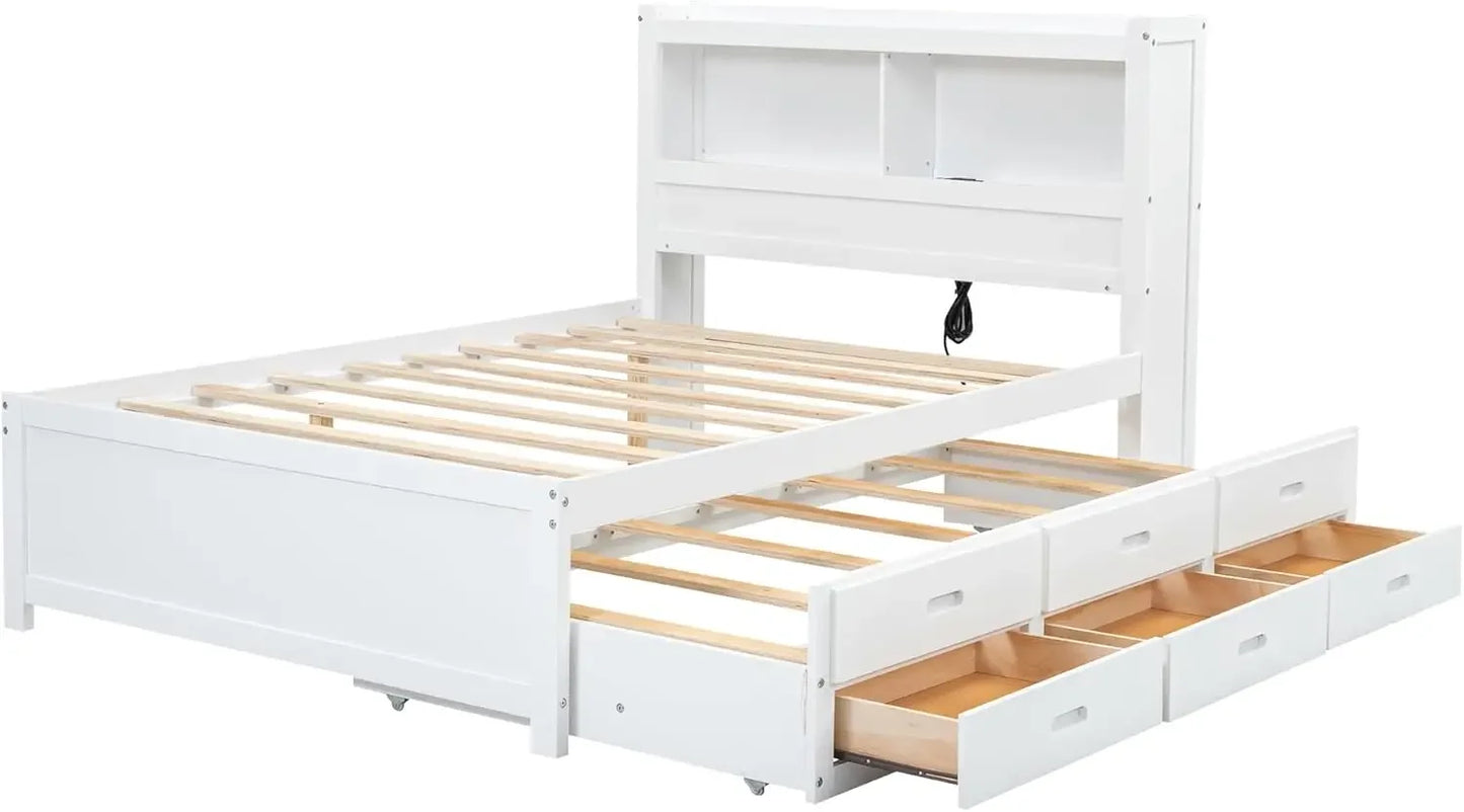 Full Platform Bed with Twin Size Trundle - Bookcase Headboard - Charging Station and 3 Drawers - Wood, Full Storage Bed Frame for Kids