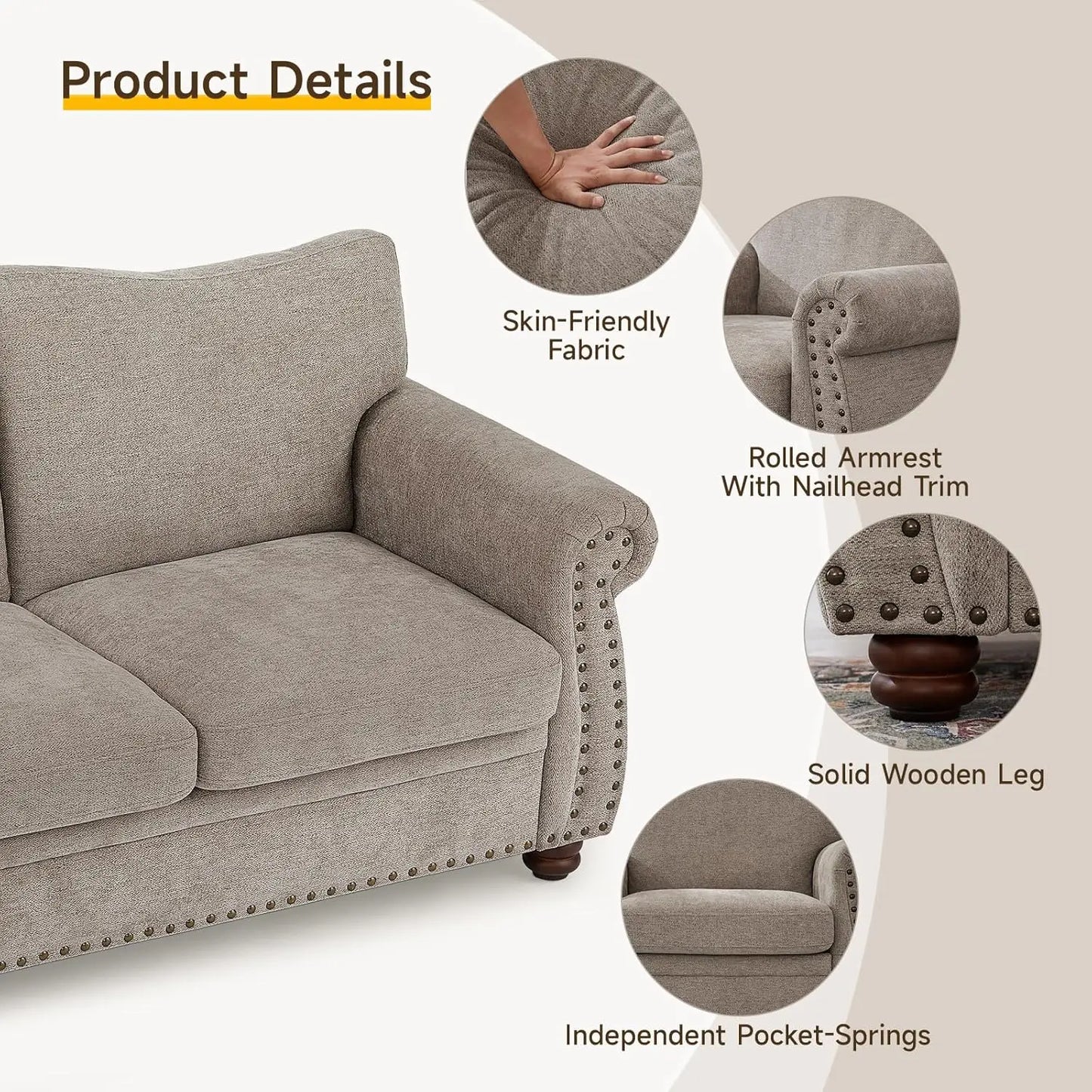 66" Small Couch with Rolled Arms - Chenille Fabric - Loveseat w/Springs Seat Cushion - Modern Curved Back - Turned Wood Legs