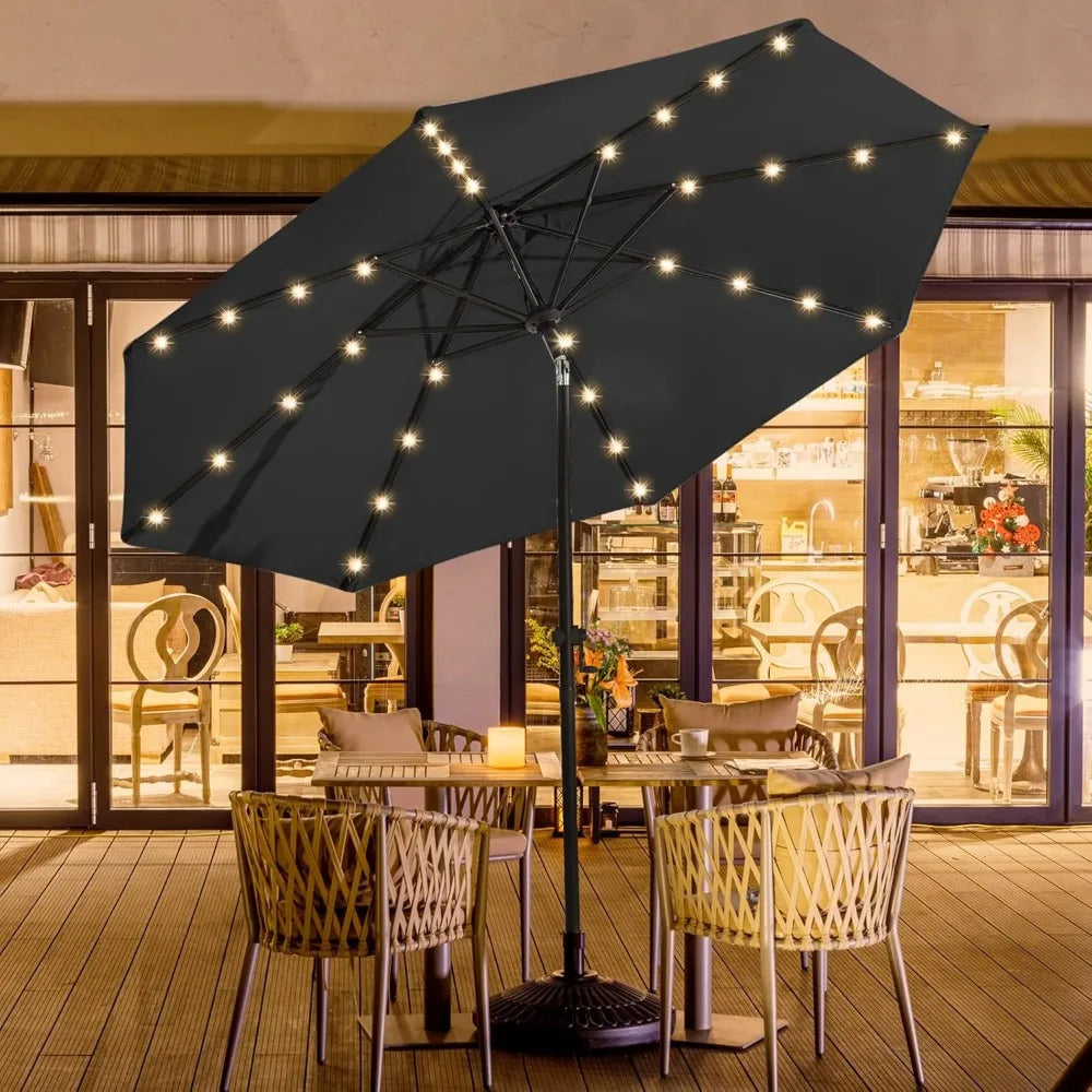 9ft Solar Led Patio Umbrella - Sturdy Outdoor Market Umbrella for Deck, Pool, Garden w/Tilt, Crank, 32 LED Lights, Carbon Grey