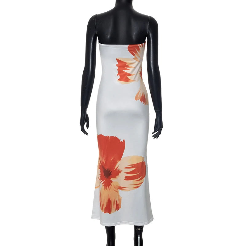 2025 New Floral Print Sleeveless Dress - Off Shoulder, Slim Fit - Floor Length Dress