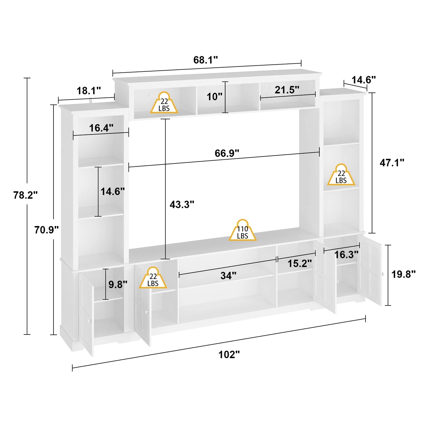 Modern TV Stand for up to 66" TVs - 4-Piece Wall Unit with Bookshelves, Glass Doors & Open Shelves, for Living Room
