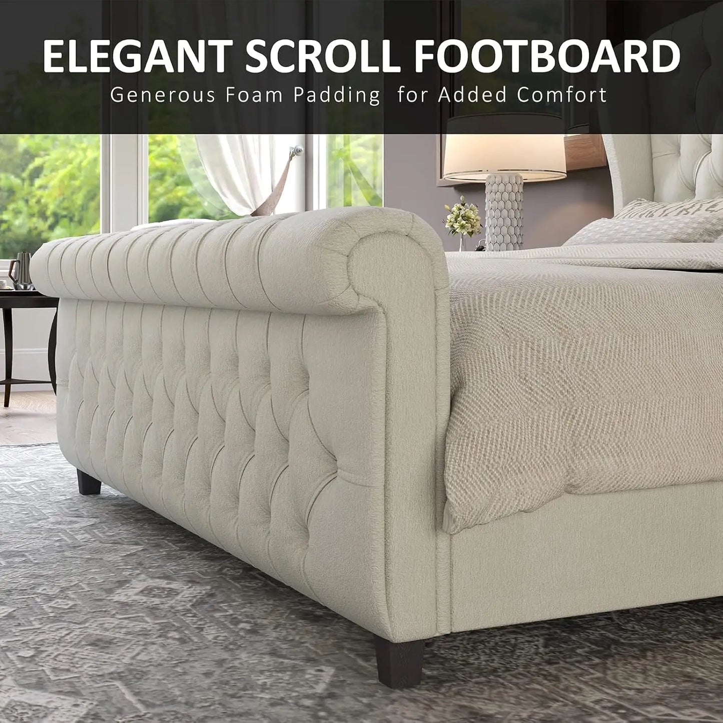 Queen Size Platform Bed Frame - Chenille Upholstered Sleigh Bed with Wingback Headboard - No Box Spring - Cream