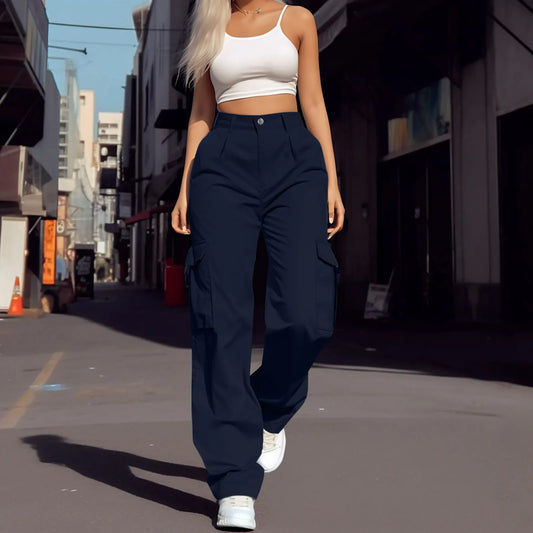 Womens Cargo Pants - High Waist - Multi Pocket - Solid Color - Wide Leg
