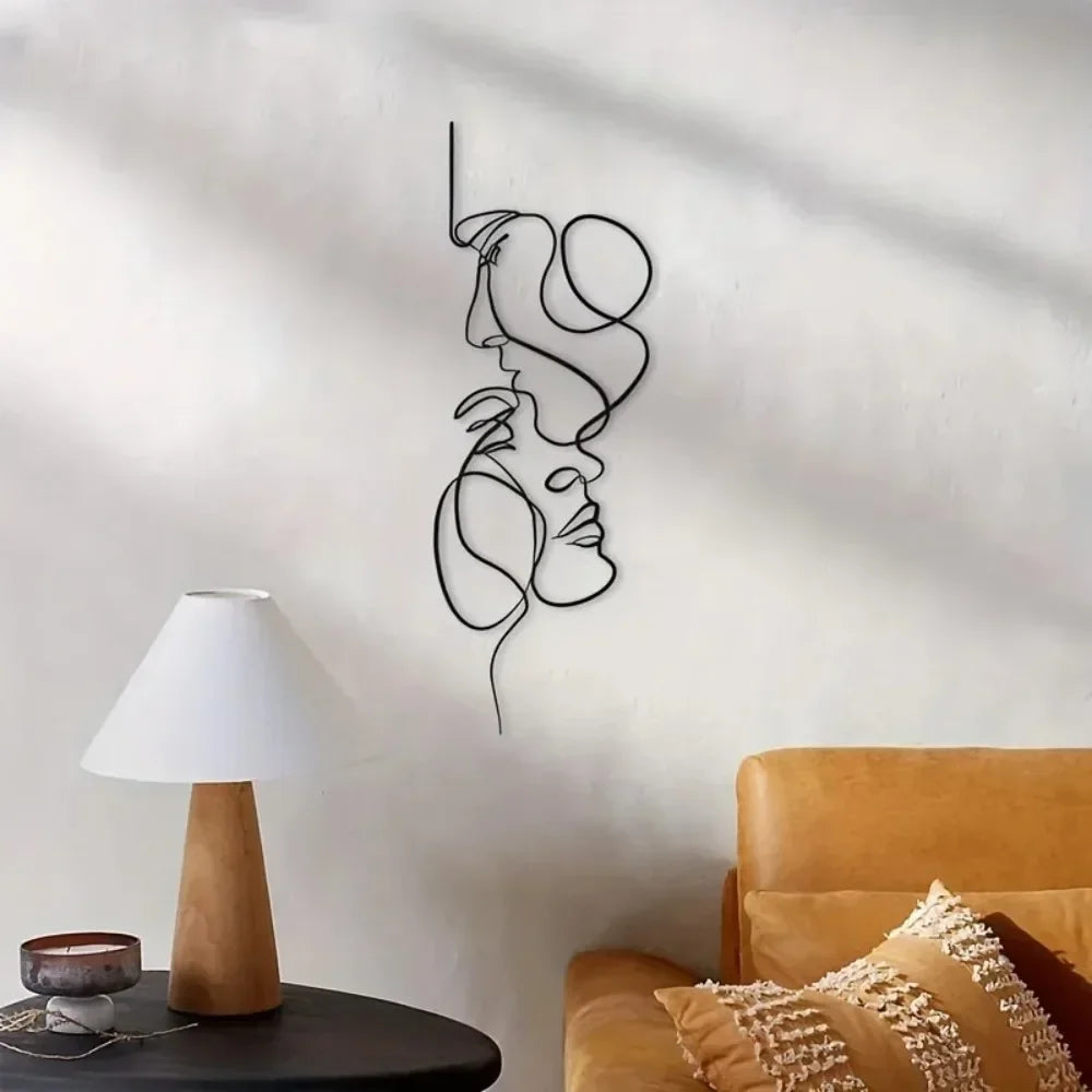 New Metal Wall Art Minimalist - Facial Line Wall Decor - Abstract Black Iron Sculpture for Modern Home - Hanging Decor