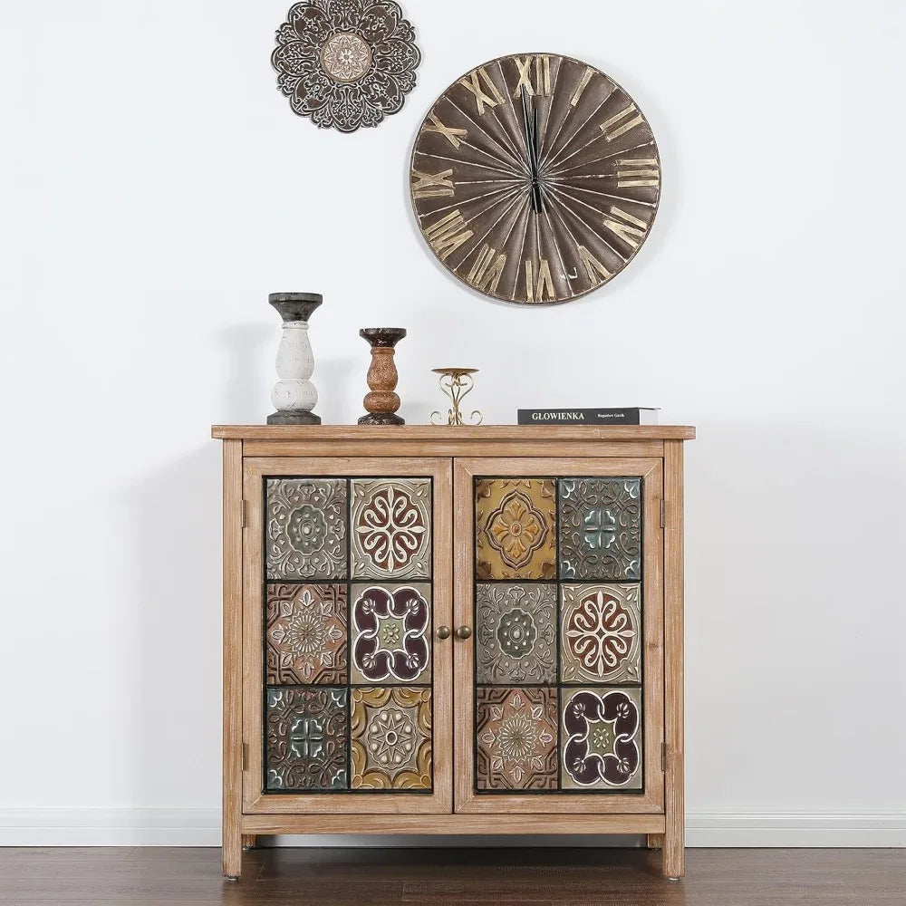 Sophia & William Accent Cabinet with 2 Doors - Distressed Storage Cabinet with Wood Frame and Checkered Patterns - Other Designs