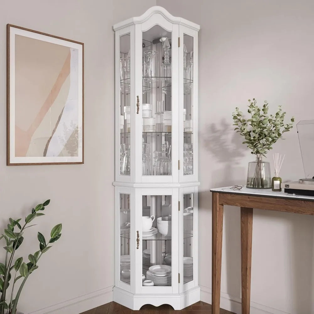 Lighted 3-Side Glass Display Curio Cabinet w/ Tempered Glass Doors and Shelves - Curved Wood Corner Cabinet with Bulb