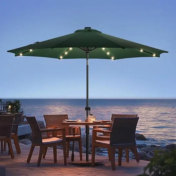 9ft Solar Led Patio Umbrella - Sturdy Outdoor Market Umbrella for Deck, Pool, Garden w/Tilt, Crank, 32 LED Lights, Carbon Grey