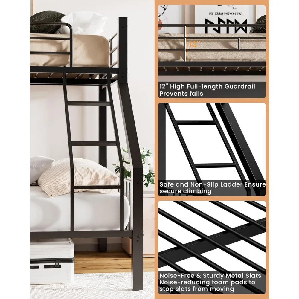 Twin XL Over Queen Bunk Bed - Heavy Duty Bunk Bed with Safety Ladder and Full-Length Guardrails - Metal Queen Bed Frame with Slats