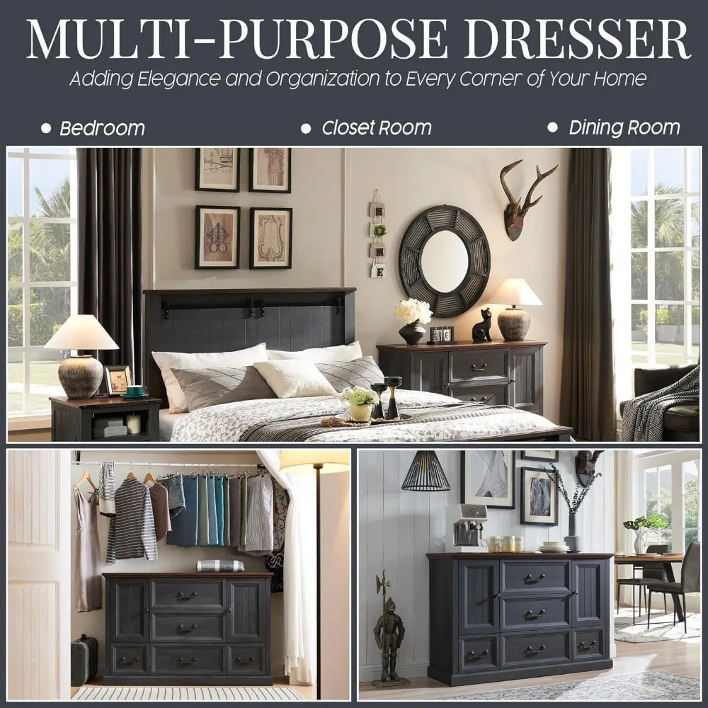 5 Drawers Dresser for Bedroom - Wooden Storage Chest of Drawers w/ 2 Open Doors