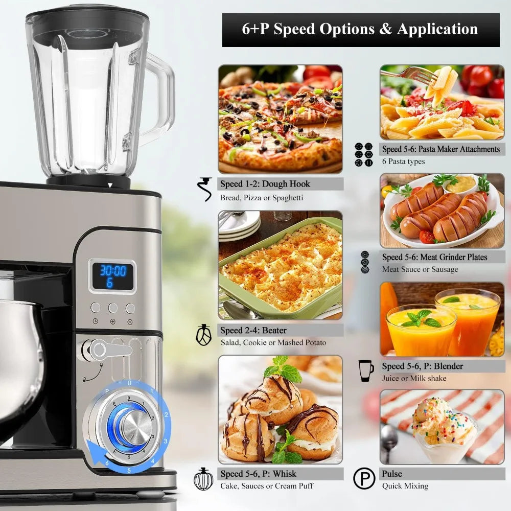 Multi-Function Kitchen Blender 6-IN-1 Stand Mixer - LCD Display Kitchen Electric Mixer