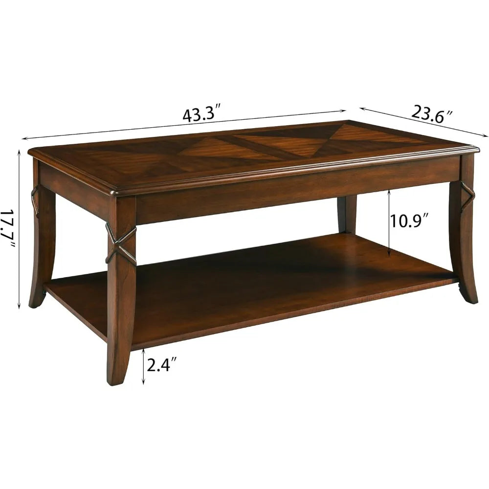 Solid Wood Coffee Table with Storage Shelf - Mid-Century Living Room Table with Wood Carved Tabletop and Legs - 43.3” Splicing