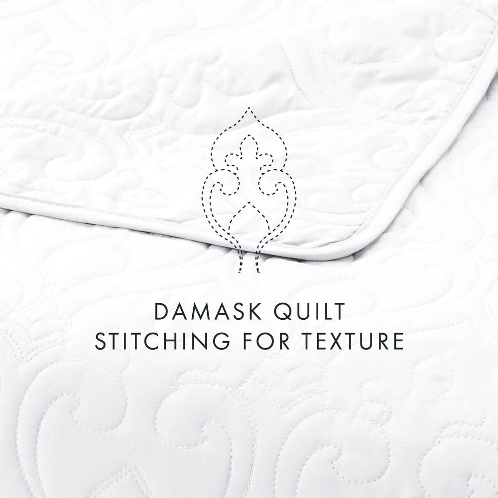 Ultra Soft White Damask Quilted Coverlet Set - Full Queen - Hypoallergenic, Breathable, Stain Resistant & Machine Washable, Decorative
