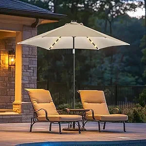 9ft Solar Led Patio Umbrella - Sturdy Outdoor Market Umbrella for Deck, Pool, Garden w/Tilt, Crank, 32 LED Lights, Carbon Grey