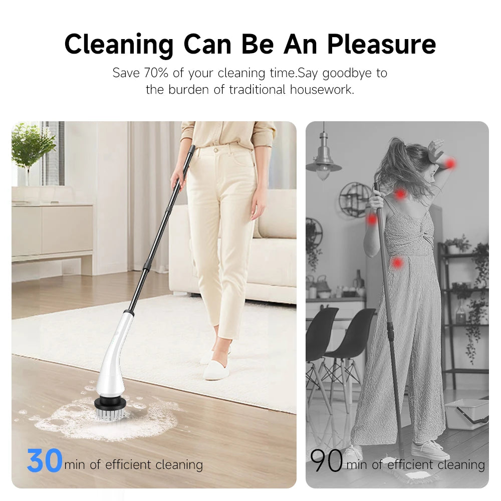 Electric Powerful Spin Scrubber With 8 Replaceable Brush Heads & Detachable Extension Handle - USB Cord
