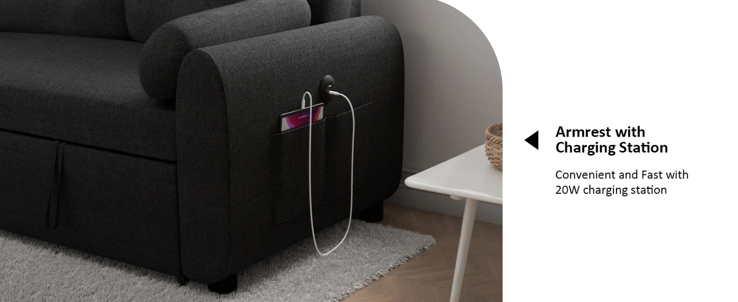 L Shaped Living Room Sectional Sofas - 87" Sleeper Sofa Bed with Side Pocket & Charging Station - Removable Backrest