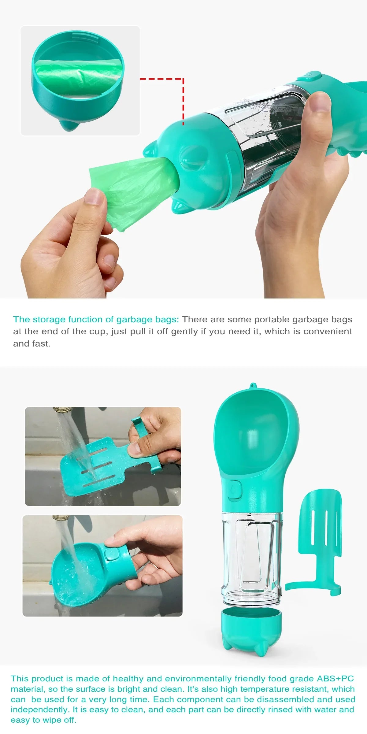 Portable Pet Dog Water Bottle For Small, Large Dogs - Travel Puppy, Cat Drinking Bowl Outdoor Pet Water Dispenser & Feeder with shovel & Pet's Poo Bags