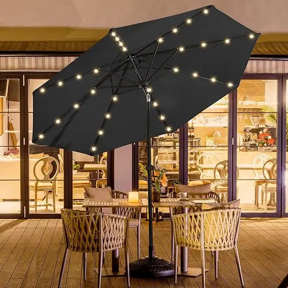9ft Solar Led Patio Umbrella - Sturdy Outdoor Market Umbrella for Deck, Pool, Garden w/Tilt, Crank, 32 LED Lights, Carbon Grey