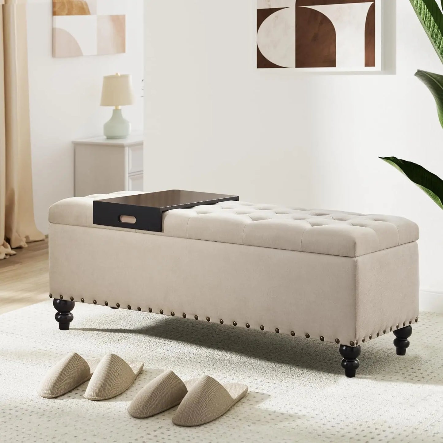 51-inch Storage Ottoman Bench with Removable Tray - Bedroom Bench with Button-Tufted, Safety Hinge Ottoman in Upholstered Fabrics