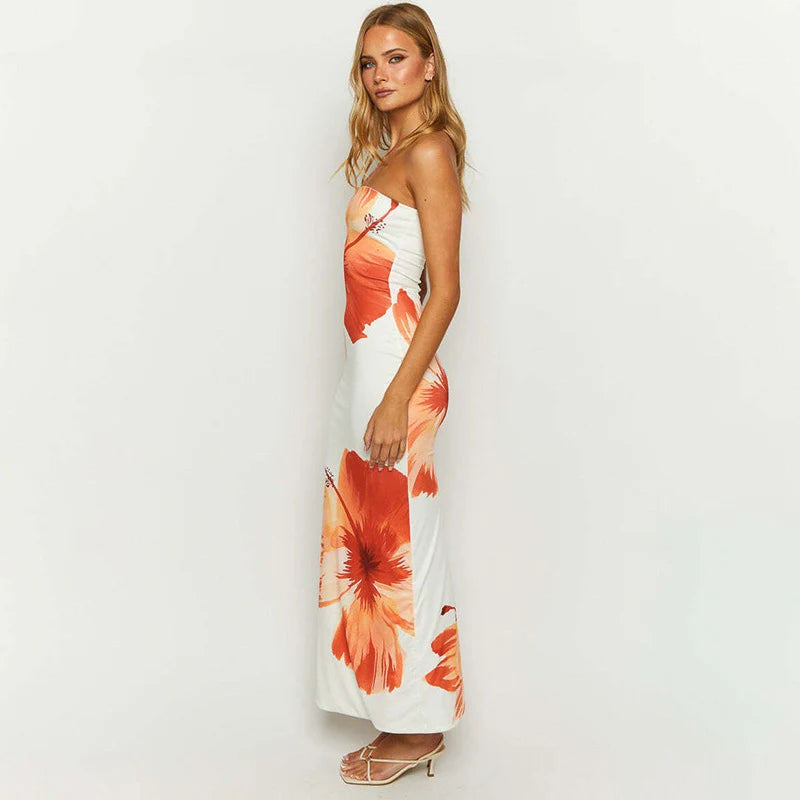 2025 New Floral Print Sleeveless Dress - Off Shoulder, Slim Fit - Floor Length Dress