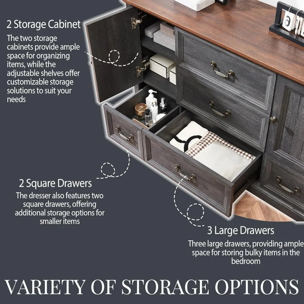 5 Drawers Dresser for Bedroom - Wooden Storage Chest of Drawers w/ 2 Open Doors