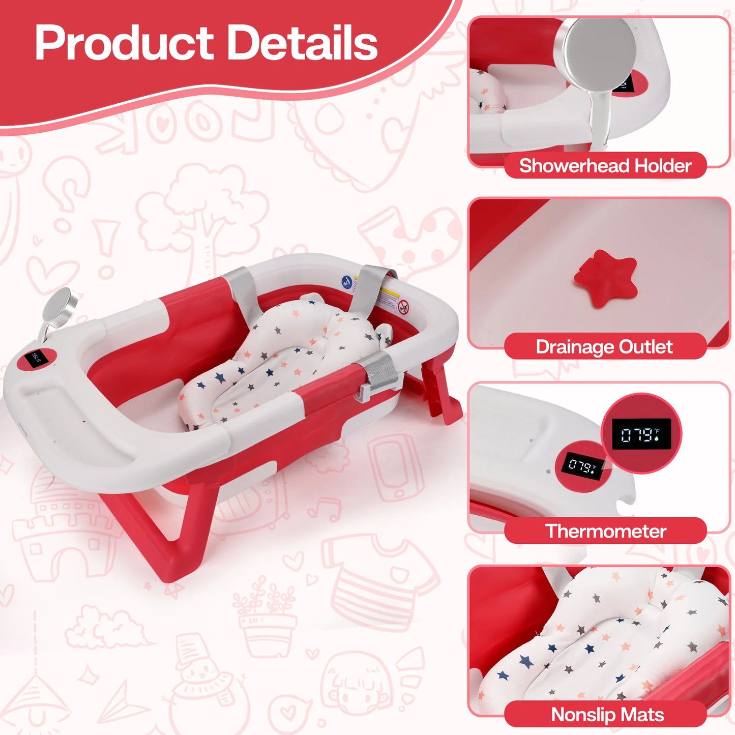 Portable Baby Bath with Soft Cushion & Thermometer, Newborn to Toddler 0-36 Months,