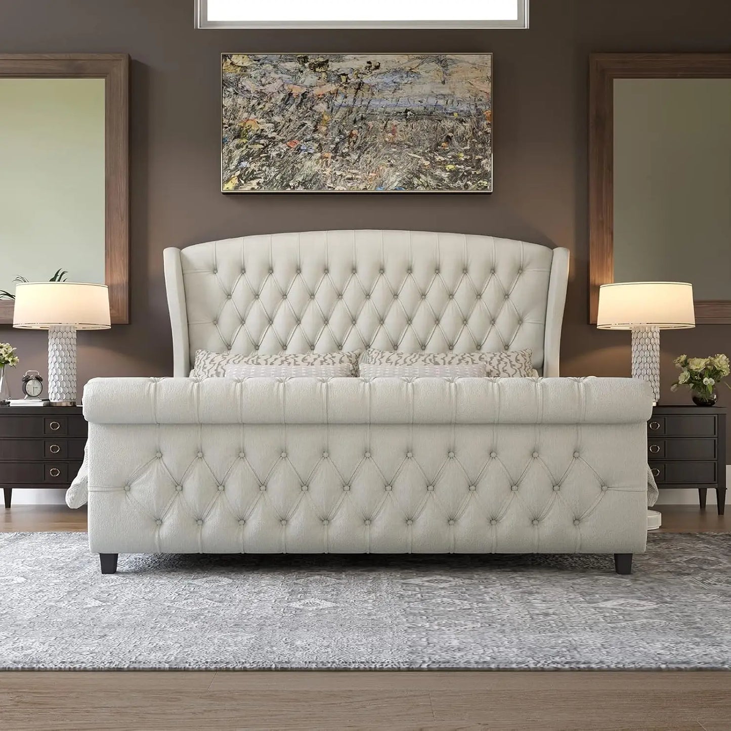 Queen Size Platform Bed Frame - Chenille Upholstered Sleigh Bed with Wingback Headboard - No Box Spring - Cream