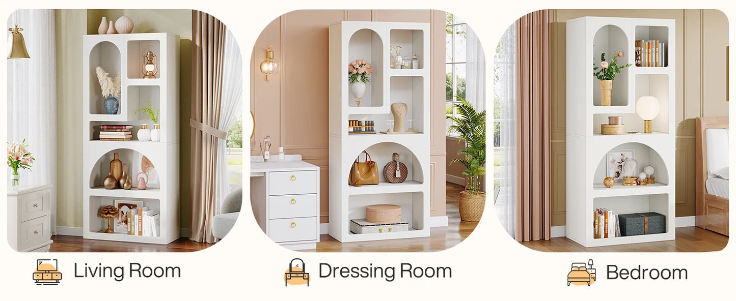 70.87" Tall Geometric Bookshelf - White Arched Bookcase with 5 Irregular Storage Shelves - Free-Standing for Living Room, Bedroom, Office