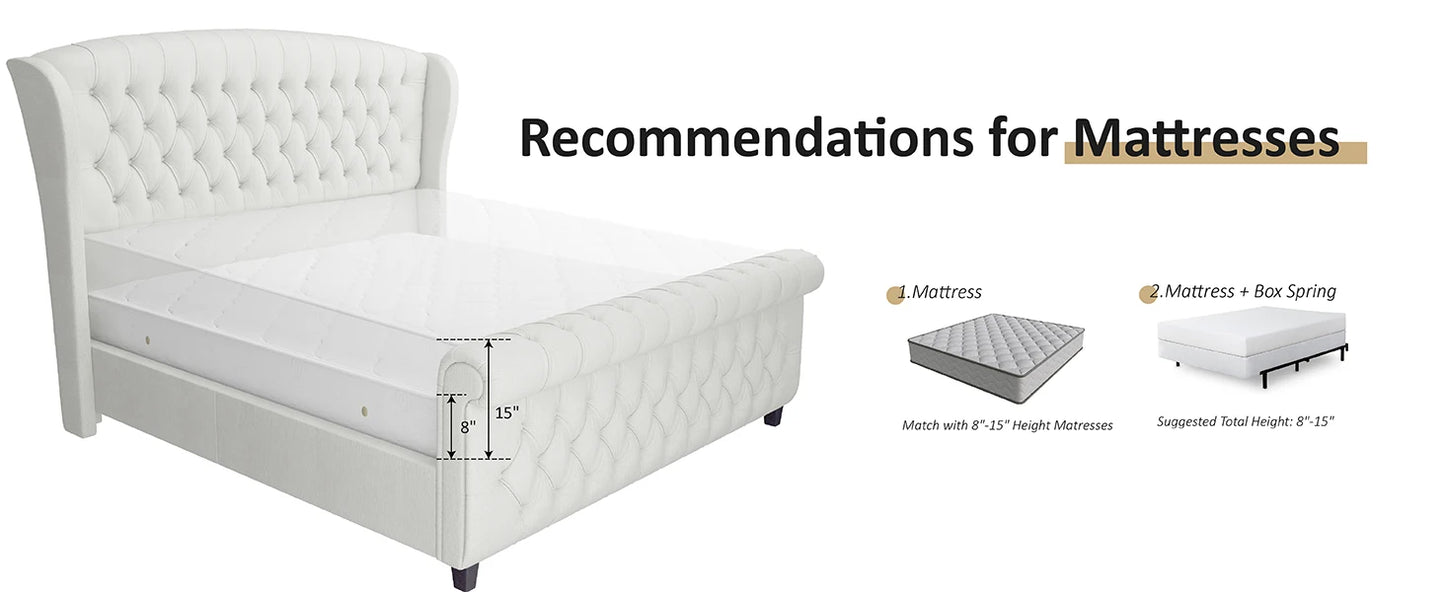 Queen Size Platform Bed Frame - Chenille Upholstered Sleigh Bed with Wingback Headboard - No Box Spring - Cream