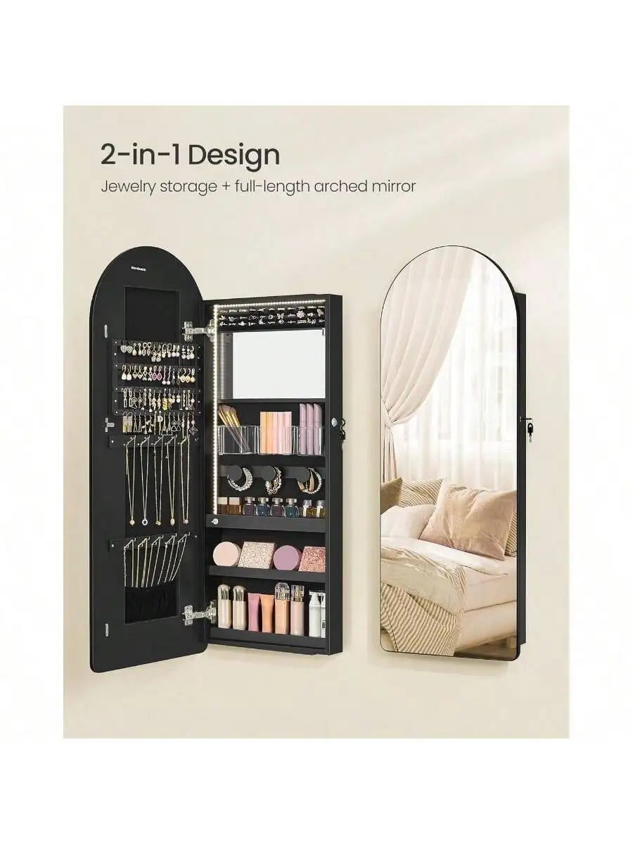 Wide Jewelry Organizer - LED Jewelry Cabinet Wall/Door Mounted - Arched Mirror with Storage - Lockable - Rounded Corner