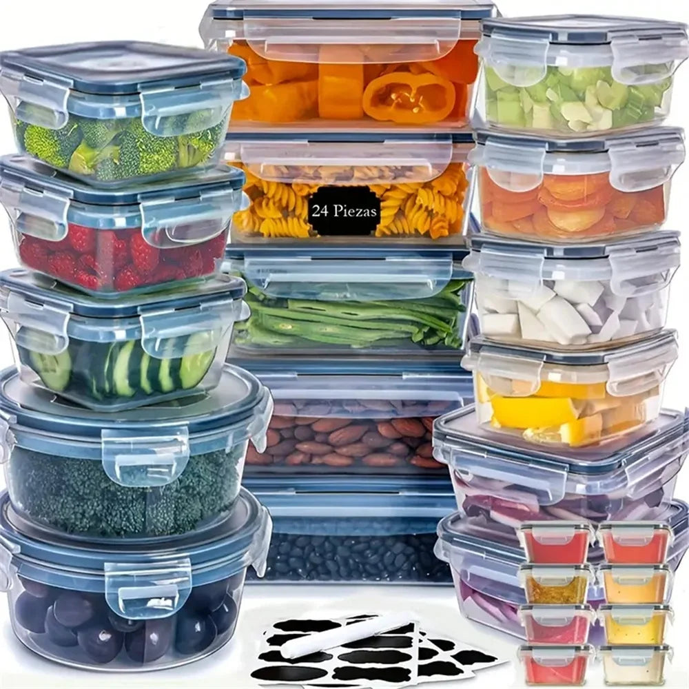 Kitchen Storage Container Set - 24 Pcs - Dishwasher Safe - Reusable Plastic Bins with Flip Lids - Fruits, Vegetables & Meats