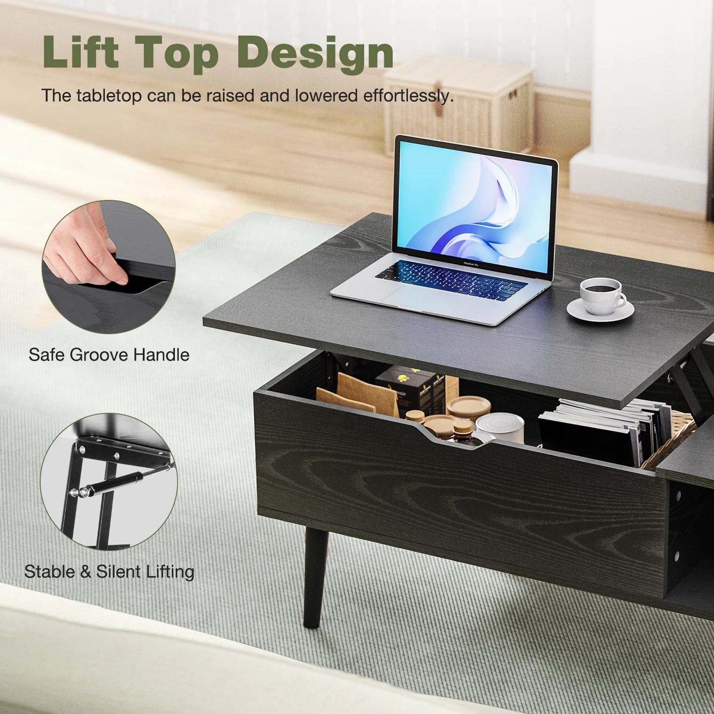 Wooden Lift Top Coffee Tables For Living Room 39.37"x19.7" W/ Storage