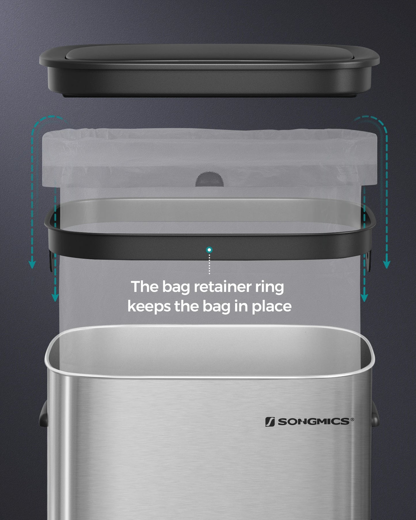 Motion Sensor Trash Can - 13 Gallon Automatic Garbage Can with Soft-Close Lid - Bag Retainer Ring - Stainless Steel