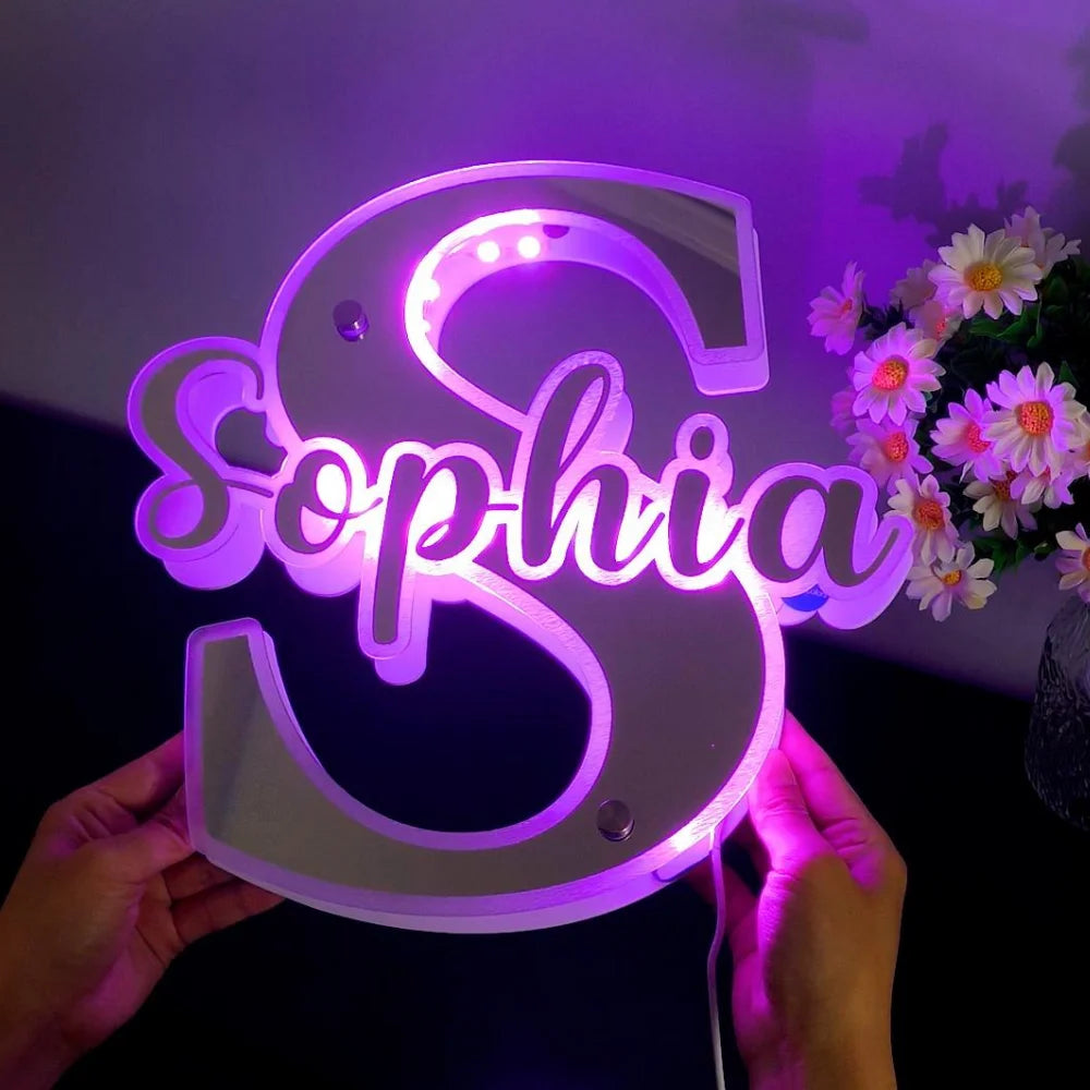 Personalized Name & Letter Mirror Light - 12 Color LED Illumination - For Any Occasion