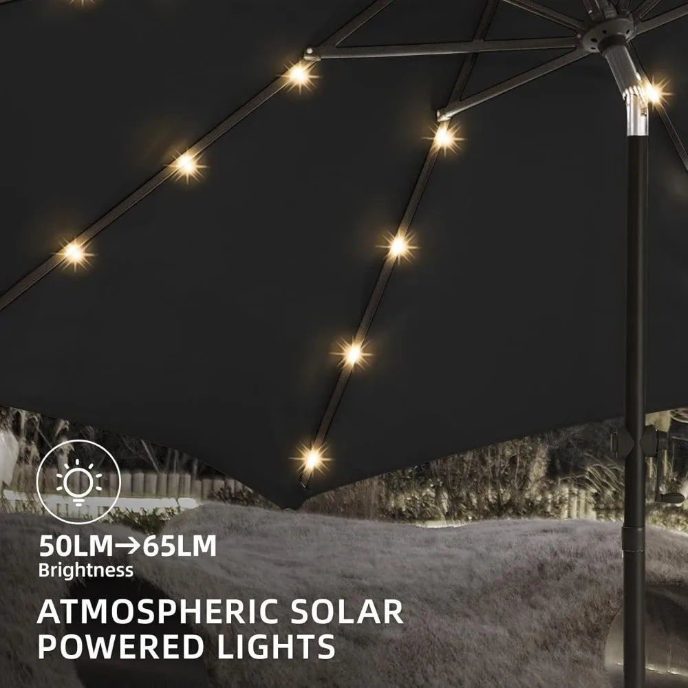 9ft Solar Led Patio Umbrella - Sturdy Outdoor Market Umbrella for Deck, Pool, Garden w/Tilt, Crank, 32 LED Lights, Carbon Grey