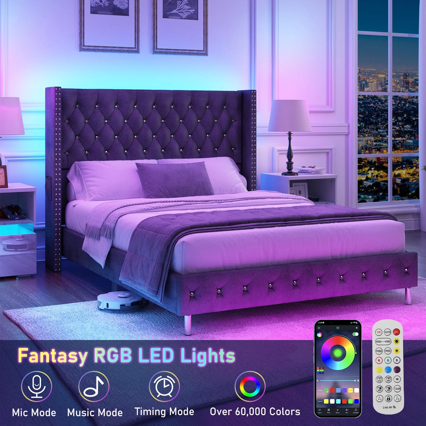 Bed Frame w/ A Wingback Headboard - LED Lights & Charging Station - Modern Upholstered Platform with Diamond Button Tuff