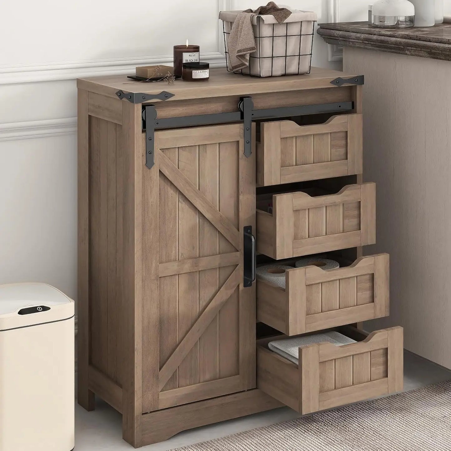 Farmhouse Floor Storage - Rustic Grey Cabinet with Drawer for Bathroom, Kitchen, Living Room & Office