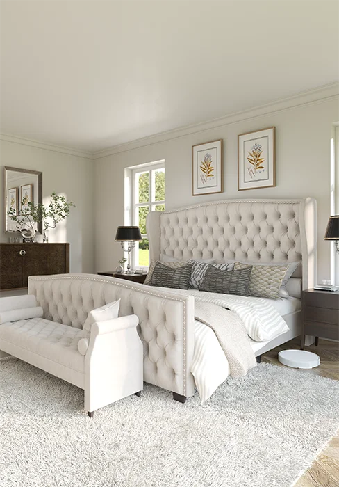 Queen Size Platform Bed Frame - Chenille Upholstered Sleigh Bed with Wingback Headboard - No Box Spring - Cream