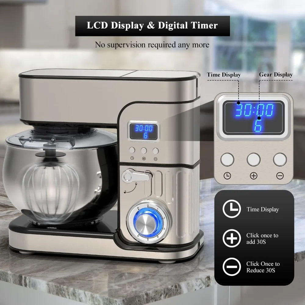 Multi-Function Kitchen Blender 6-IN-1 Stand Mixer - LCD Display Kitchen Electric Mixer