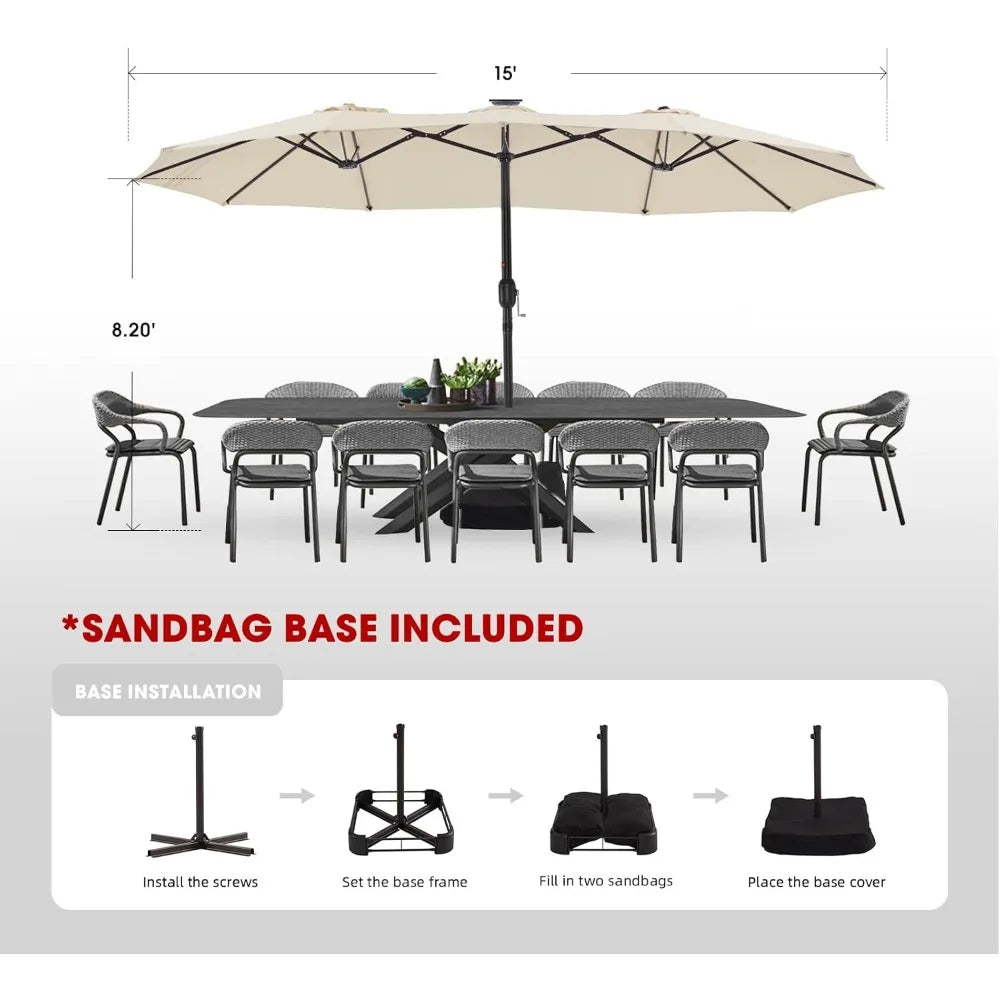 15ft Large Patio Umbrella with Base Included - Outdoor Double-Sided Umbrella with Crank Handle - Powerful UV Protective, for Poo