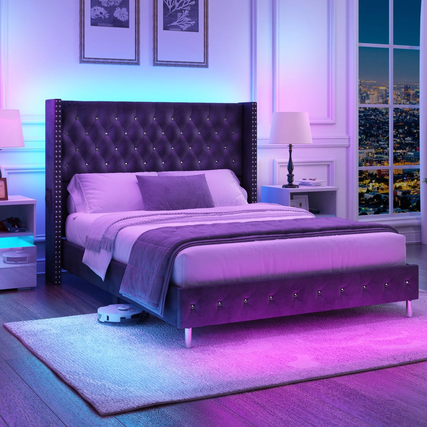 Bed Frame w/ A Wingback Headboard - LED Lights & Charging Station - Modern Upholstered Platform with Diamond Button Tuff