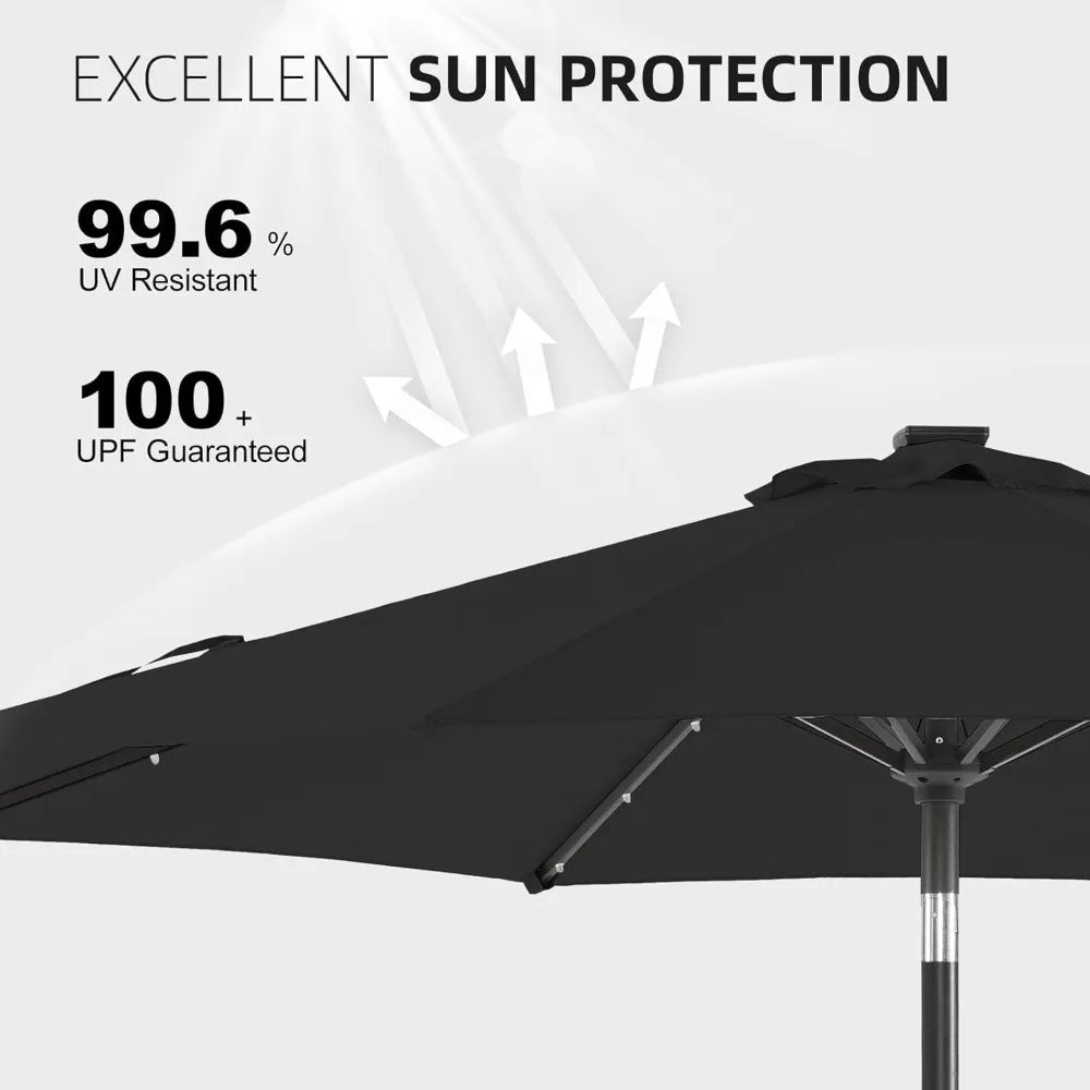 9ft Solar Led Patio Umbrella - Sturdy Outdoor Market Umbrella for Deck, Pool, Garden w/Tilt, Crank, 32 LED Lights, Carbon Grey