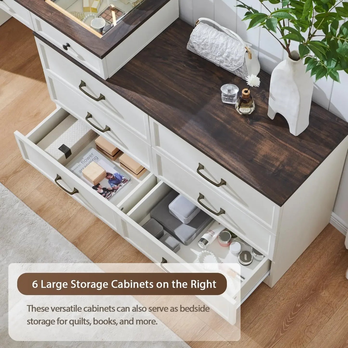 69" W Big Vanity Desk with Glass Top - Makeup Table with 9 Large Storage Drawers - w/3 Color Available Light - White